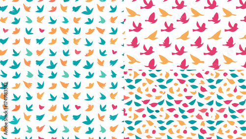 Whimsical bird pattern for joyful designs, evoking freedom and peace with a touch of colorful spring, perfect for textile and background art