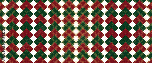 Argyle Christmas pattern background, festive geometric diamond design in red green white and black, seamless traditional winter textile style texture, elegant holiday vector backdrop for seasonal deco