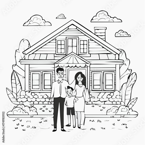 Family home protection insurance line art vector illustration