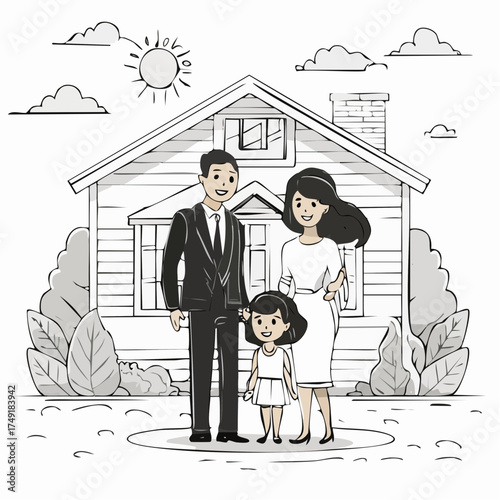 Family home protection insurance line art vector illustration