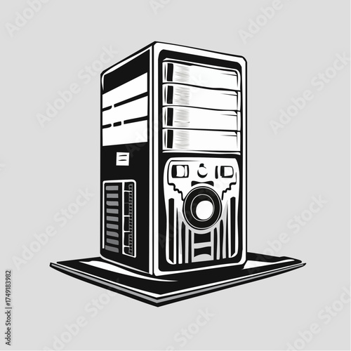 Find desktop computer tower illustration pc case vector image for graphic design and digital artwork needs