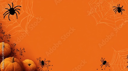 Halloween Vector Illustration Background (Orange Color Scheme): Left-Side Pumpkins, Spider Webs, Corner Spider Silhouettes (Top-Down Flat Lay), Copy Space for Ad Banners/Party Invitation Posters