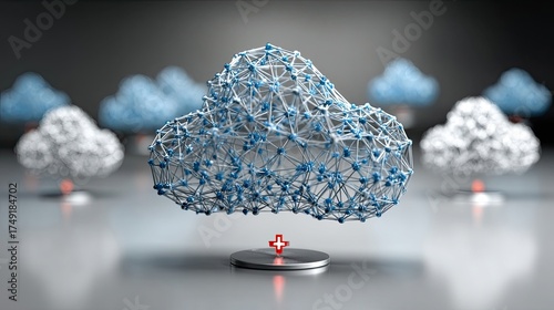 Dynamic abstract network cloud symbolizing secure digital data transfer and innovative technology solutions connecting global information streams.
