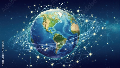A vibrant illustration depicts Earth encircled by a digital network, symbolizing global connection