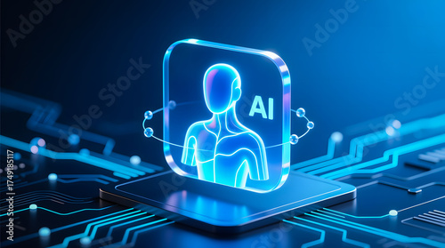 A stylized, glowing holographic icon of an AI assistant bust on a microchip base, symbolizing the core intelligence of modern digital communication.