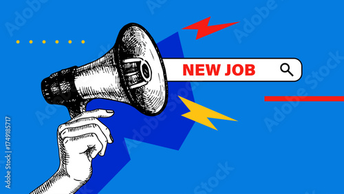 Trendy art collage of sketch hand and megaphone. Search job online, career, remote work, new vacancy, hr looking concept. Retro hand drawn vector illustration