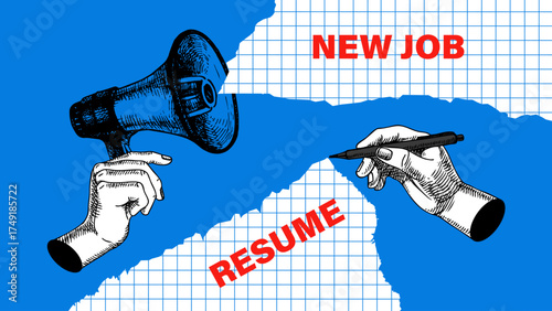 Trendy art collage of sketch hand and megaphone. Search job online, career, remote work, resume, new vacancy, hr looking concept. Retro hand drawn vector illustration
