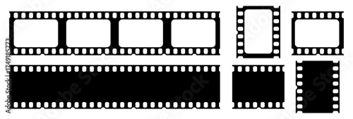 Set of film strip icons showing various frame borders and reel shapes. Classic vintage cinema and photo frame design for movie, media, and photography projects in clean minimalist vector style.