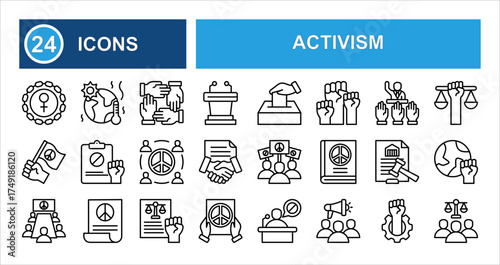 Activism line icon set with editable stroke, featuring flag, climate crisis, feminism, solidarity, vote, resistance, podium, protest, strike, potential, and social movement in thin linear style.