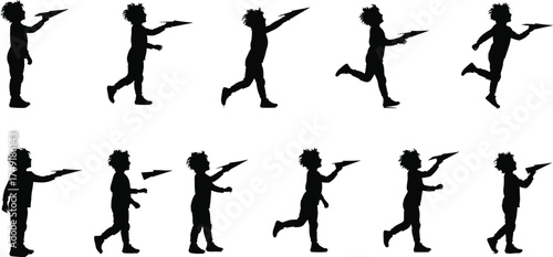 Silhouette of boy playing with paper airplane, childhood imagination, outdoor fun, freedom, flying toy, creativity, happiness, motion, dream concept
