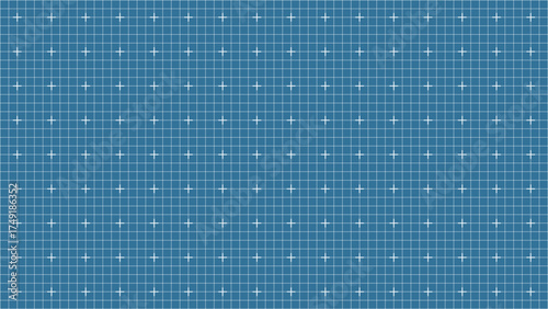 Blue grid pattern with white cross marks evenly spaced on dark blue background ideal for engineering blueprint, measurement, digital interface, mapping or 3D modeling design projects