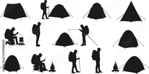 Silhouette of campers and hikers with tents and campfire, outdoor adventure, wilderness camping, travel exploration, hiking, and nature lifestyle illustrationSilhouette of campers and hikers with te