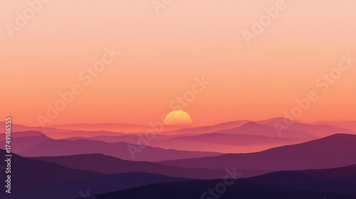 Sunset over layered mountains with gradient sky from pink to purple