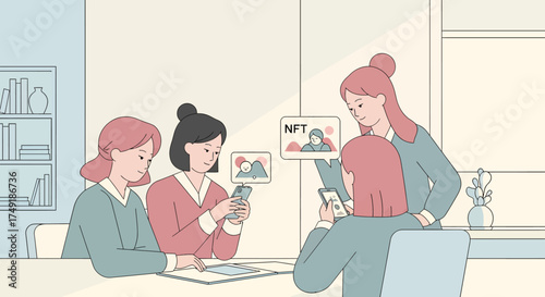 Business Women Collaborating on NFT Digital Art Investment Strategy in Modern Office Setting