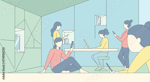 Modern Women Group Using Smartphones and Laptops in Minimalist Digital Detox or Social Media Concept Illustration