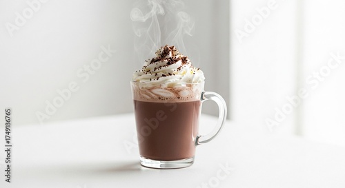 Steaming hot chocolate with whipped cream and chocolate shavings in a clear glass mug.