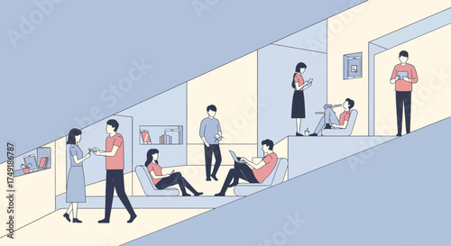 Modern Business Lounge and Collaborative Workspace with People Using Digital Devices