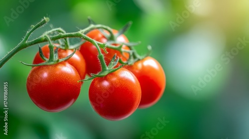 Ripe red cherry tomatoes hang in a sunny garden, showcasing their vivid color and freshness on a warm summer day