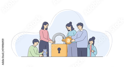Family Unlocking Digital Assets with Bitcoin Key for Secure Financial Future