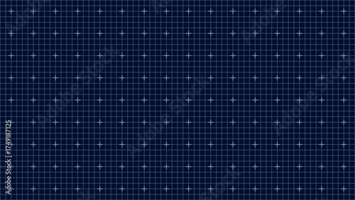 Dark blue grid with higher density of plus signs, precise technical pattern, symmetrical layout ideal for blueprint backgrounds, digital design templates, or engineering technology presentations