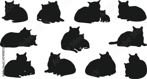 Silhouette of cats sitting and cuddling together, pet love, feline friendship, animal family bonding, domestic cat vector illustration design