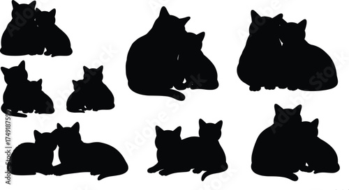 Silhouette of cats sitting and cuddling together, black vector illustration, pet love, feline family bonding, domestic animals in affectionate poses