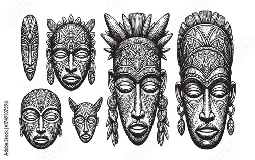 African Masks, a Collection of Hand-Drawn Tribal Ritual Masks with Detailed Ethnic Patterns, Vintage Engraving Style