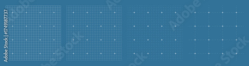 Blue interface grid set with various spacing density, white crosshairs, precision alignment design, schematic backgrounds for engineering or UI layout presentation template