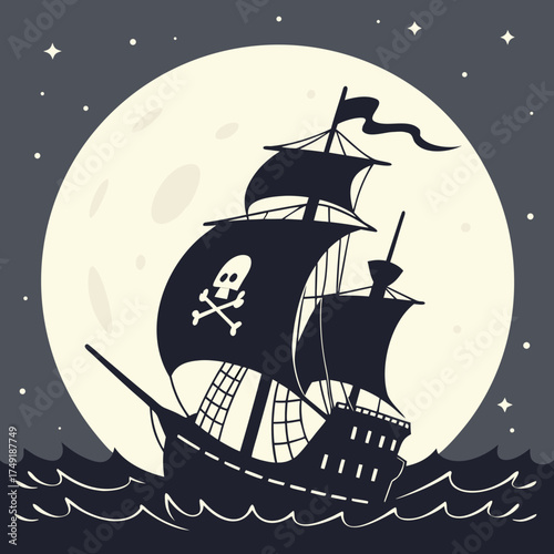 Vector art of a cartoon pirate ship sails on the ocean at night under a full moon, with a skull and crossbones flag, billowing sails, and a dark, mysterious color palette