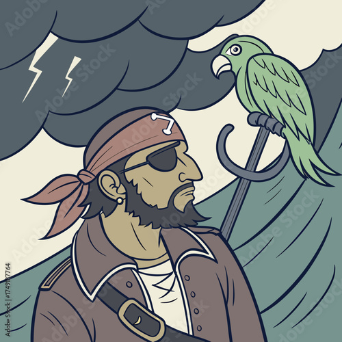 Vector art of a cartoon pirate with a parrot on his shoulder in a storm, the pirate has an eye patch and a bandana, the parrot is green and the storm is dark