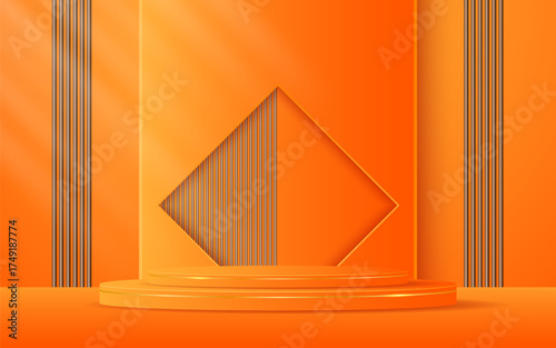 Orange podium with elegant golden lines with brown slatted backdrop for advertisement display. Display of cosmetic products. stage or podium. vector illustration