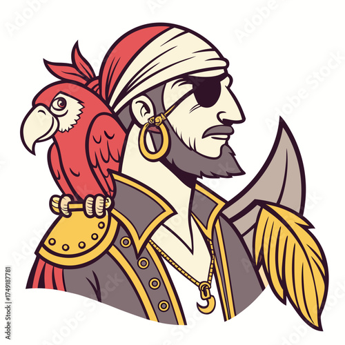 Vector art of a cartoon pirate with a parrot on his shoulder, the pirate has an eye patch and a gold earring, the parrot is red