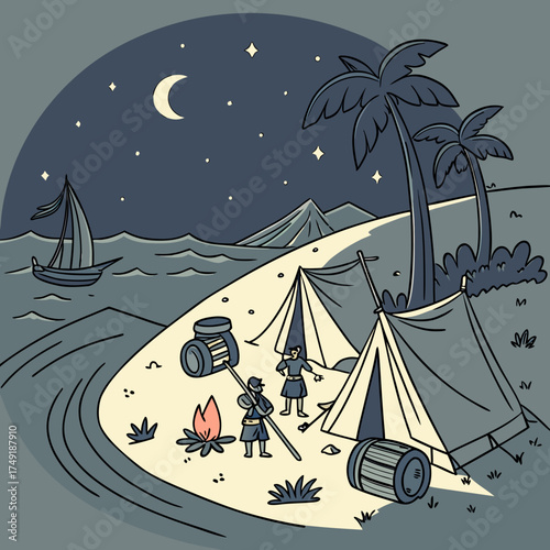 Vector art of a lively pirate encampment at night, complete with tents, a campfire, and pirates, set against a backdrop of a ship at sea and a starry sky