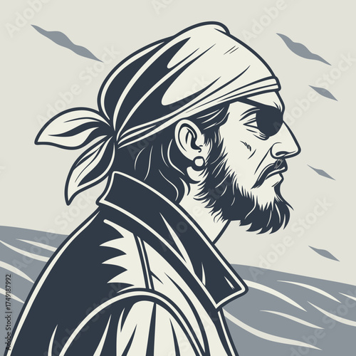 Vector art of a pirate captain with an eye patch and bandana stands on the deck of his ship, looking out to sea with a determined expression