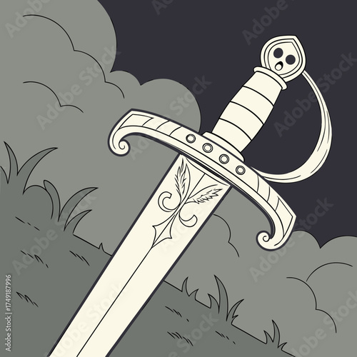 Vector art of a pirates sword rests on a grassy hill under a cloudy sky, its blade gleaming in the moonlight, ready for swashbuckling adventure and daring escapades