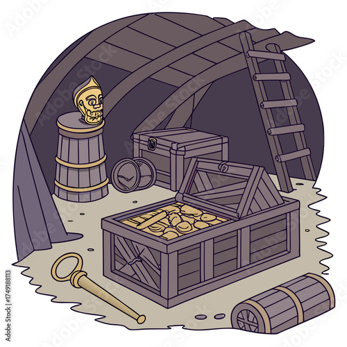 Vector art of a treasure trove awaits in a hidden cave, with a chest overflowing with gold, a mysterious idol, and a ladder leading to untold adventures