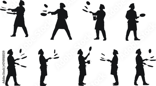 Silhouette of chefs cooking and juggling pans, culinary art vector illustration, restaurant kitchen design, professional cook artwork, food preparation concept