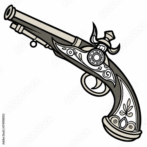 Vector art of a vintage flintlock pistol with ornate carvings, a classic weapon from the age of piracy and exploration, detailed design