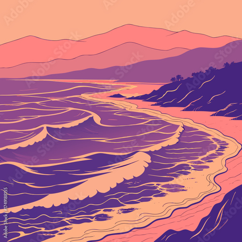 Vector art of a vibrant vector illustration showcases a serene beach landscape at sunset, with gentle waves lapping the shore and mountains in the distance, creating a peaceful scene