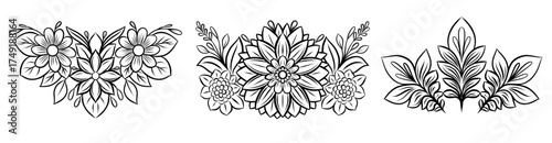 Vector set of monochrome outline frames of decorative floral arrangement. Collection of contour foliage dividers from flowers,