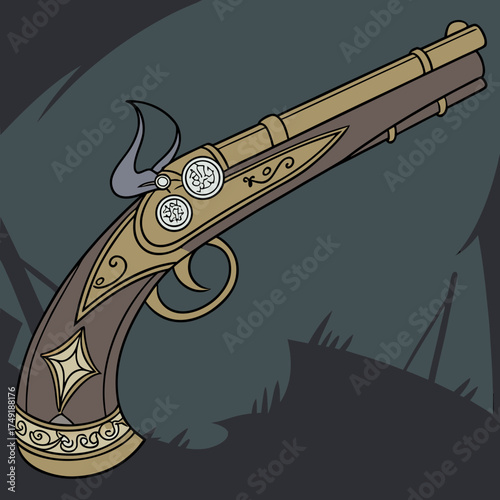 Vector art of a vintage flintlock pistol with ornate carvings and a dark background, a classic weapon from the age of piracy and exploration, detailed design