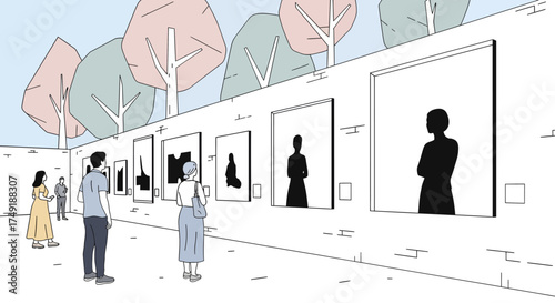 Minimalist Art Gallery Visitors Viewing Silhouette Paintings Outdoors in a Modern Exhibition Space