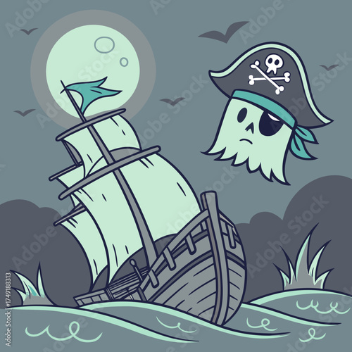 Vector art of cartoon pirate ghost sailing ship under moonlight, symbolizing spooky adventure, nautical mystery, and ghostly tales