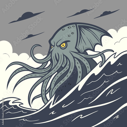 Vector art of cthulhu rises from the depths of the ocean, a monstrous figure with tentacles and wings, as dark clouds gather above, creating a scene of impending doom