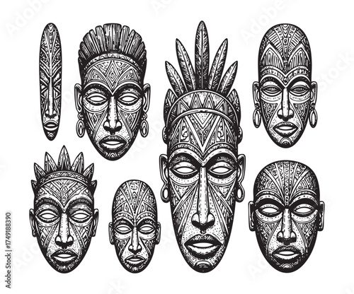 African Masks, a Collection of Hand-Drawn Tribal Ritual Masks with Detailed Ethnic Patterns, Vintage Engraving Style