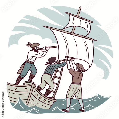 Vector art of three pirates on a sailing ship, scanning the horizon with telescopes, the ship is sailing on the ocean with cloudy sky
