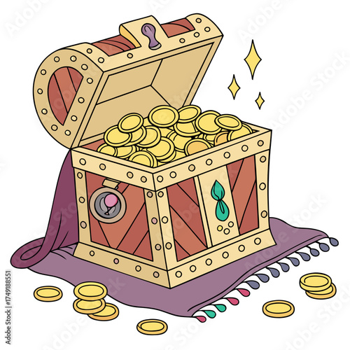 Vector art of treasure chest full of gold coins on a rug, with a wooden design and a lock, creating a sense of adventure and discovery