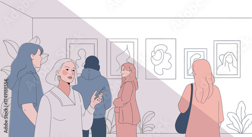 Diverse Group Attends Art Gallery Tour with Female Guide Leading Abstract Exhibition