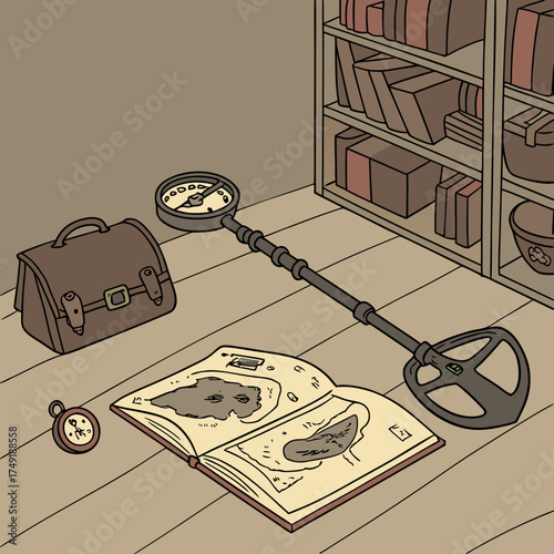 Vector art of treasure hunters equipment metal detector, map, compass, and briefcase, suggesting an exciting adventure and search for hidden riches in a vintage setting