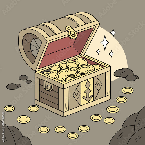 Vector art of treasure chest full of gold coins, with a wooden design and a lock, surrounded by rocks and a light source, creating a sense of adventure and discovery
